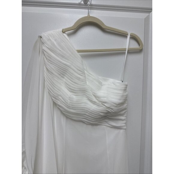 New Mac Duggal Size 6 White 11442 Feather Cuff One Shoulder Gown Dress Wedding - Picture 6 of 9
